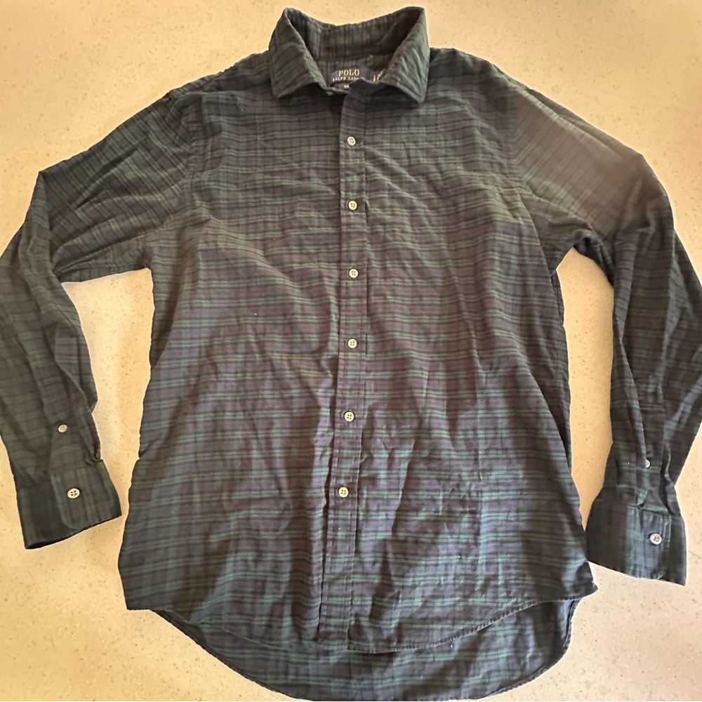 Polo Ralph Lauren Slim Fit Button-Up Cotton Men’s L Green Blue Black Plaid Shirt